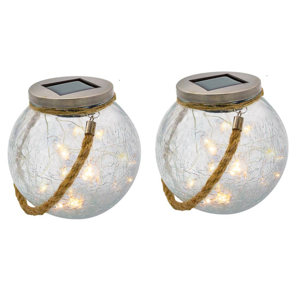 Set of 2 crackled glass solar balls to place with rope handle micro warm white LED CRACK BALL CORD H13cm - REDDECO.com