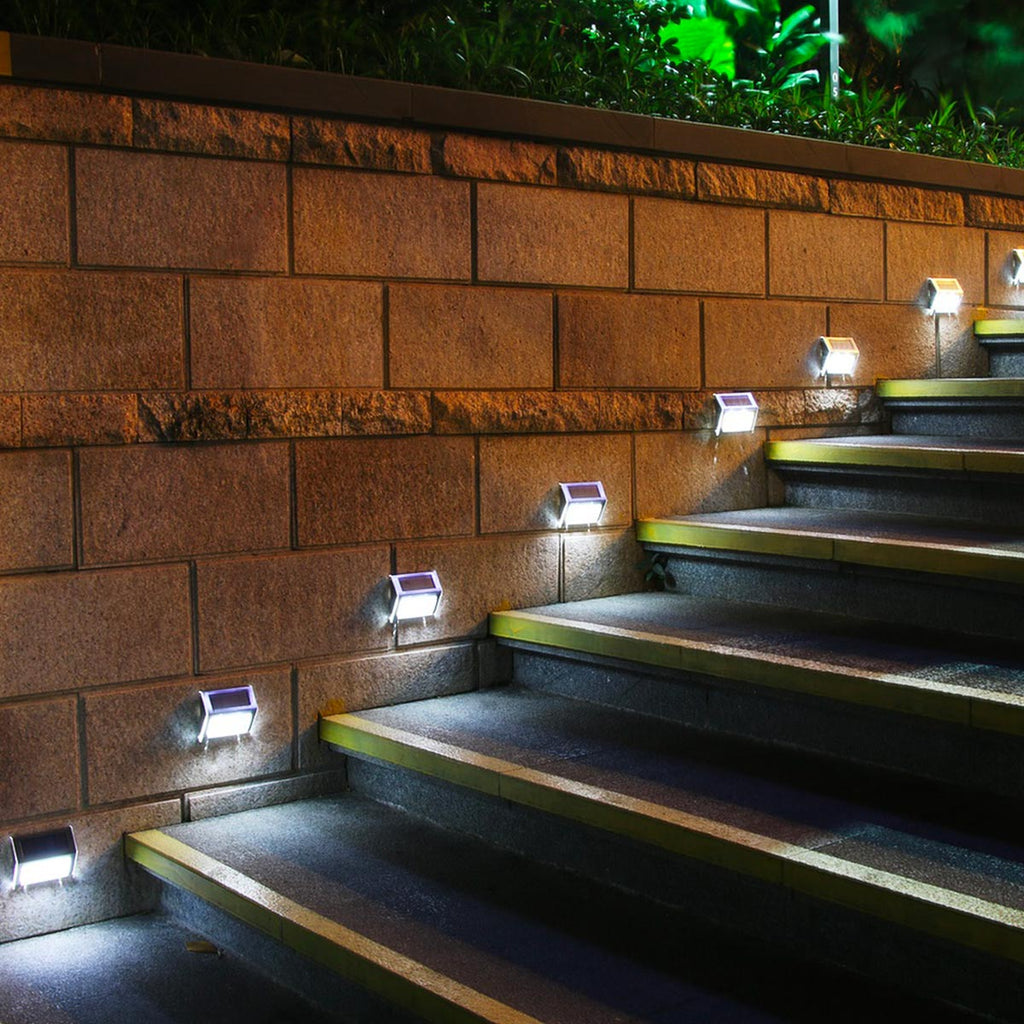 Lote de 2 proyectores solares de acero inoxidable aplique de pared escalera balizamiento LED blanco WALLY H10cm - REDDECO.com