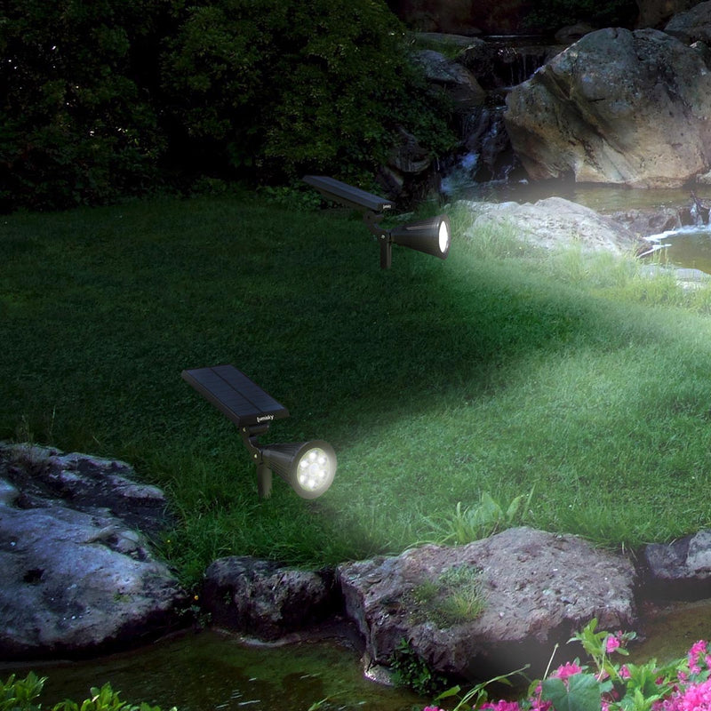 Juego de 2 focos solares Proyectores 2 en 1 para pegar o fijar potente iluminación LED blanca regulable SPIKY H42cm - REDDECO.com