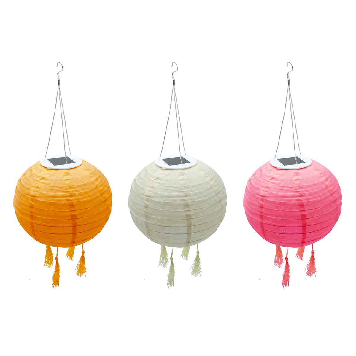 Lote de 3 farolillos solares linterna china 3 colores rosa, crema y naranja LED blanco cálido SHANGRI LA ∅20cm - REDDECO.com