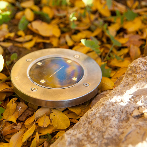Set of 8 round stainless steel solar spotlights, recessed or spike-mounted, white LED DECKY ∅12cm - REDDECO.com