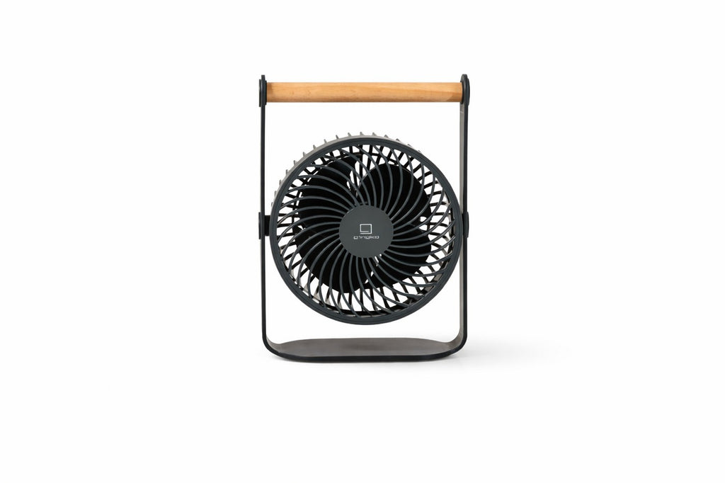 Gingko Design – Ventilador Portátil Lyra - Gris Espacial, ventilador de mesa negro con soporte de madera, sobre fondo blanco
