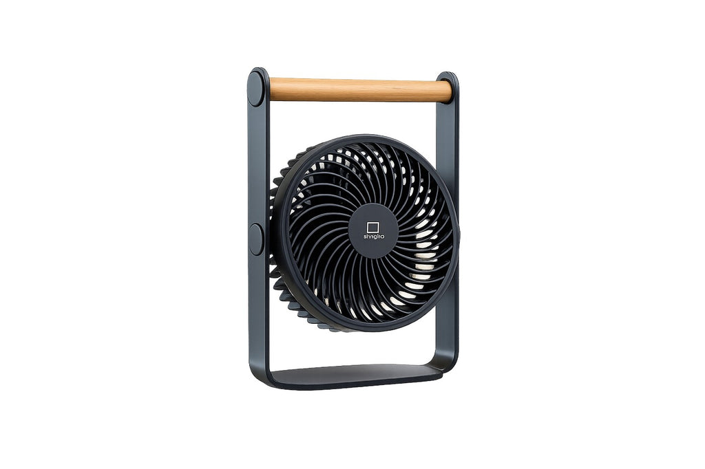 Gingko Design – Ventilador Portátil Lyra - Gris Espacial, ventilador de mesa negro con asa de madera, vista frontal