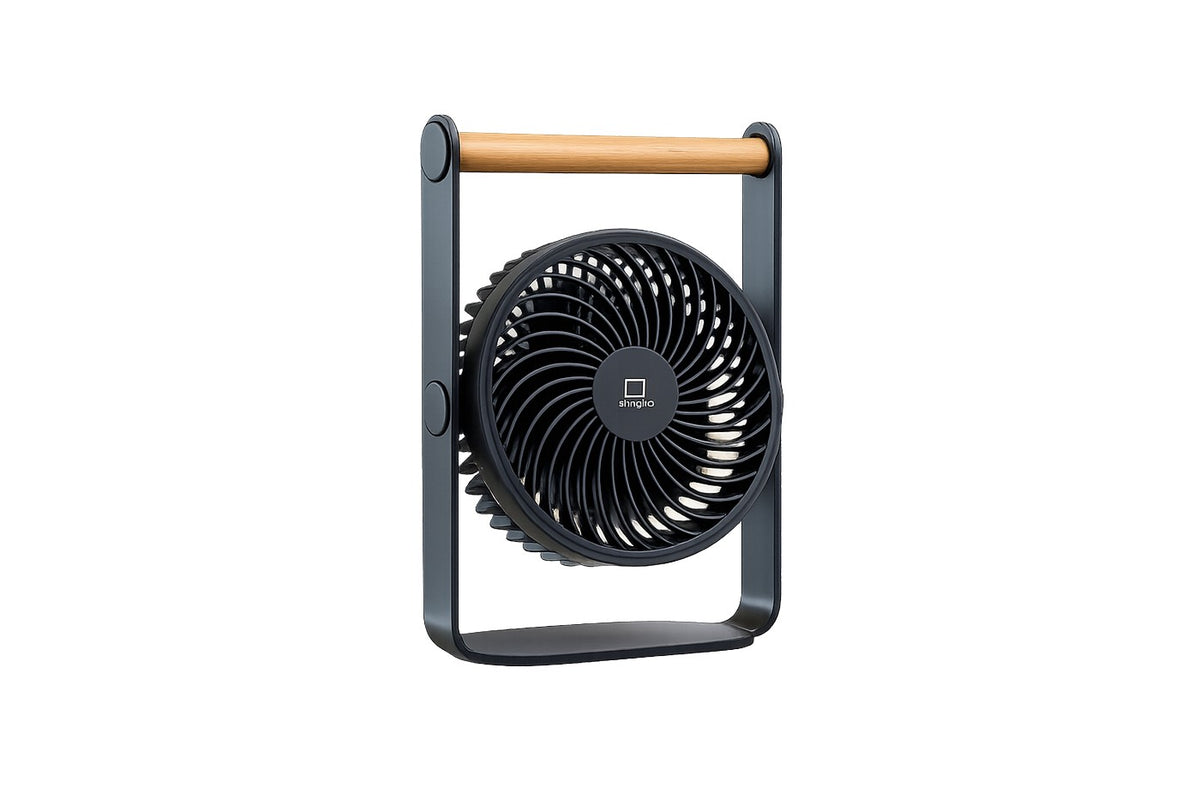 Gingko Design – Ventilador Portátil Lyra - Gris Espacial, ventilador de mesa negro con asa de madera, vista frontal