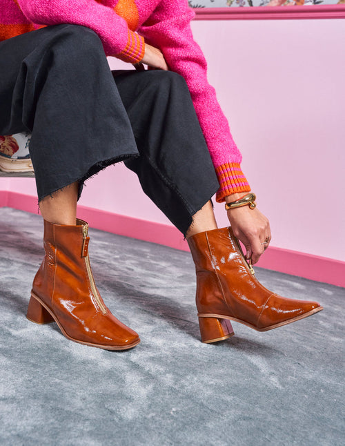Georgette Heeled Boots - Cognac Patent Pleated Leather