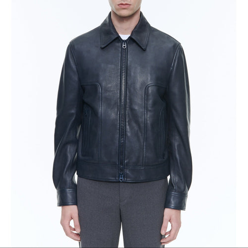 Blouson Cuir Zippé Agneau - Marine