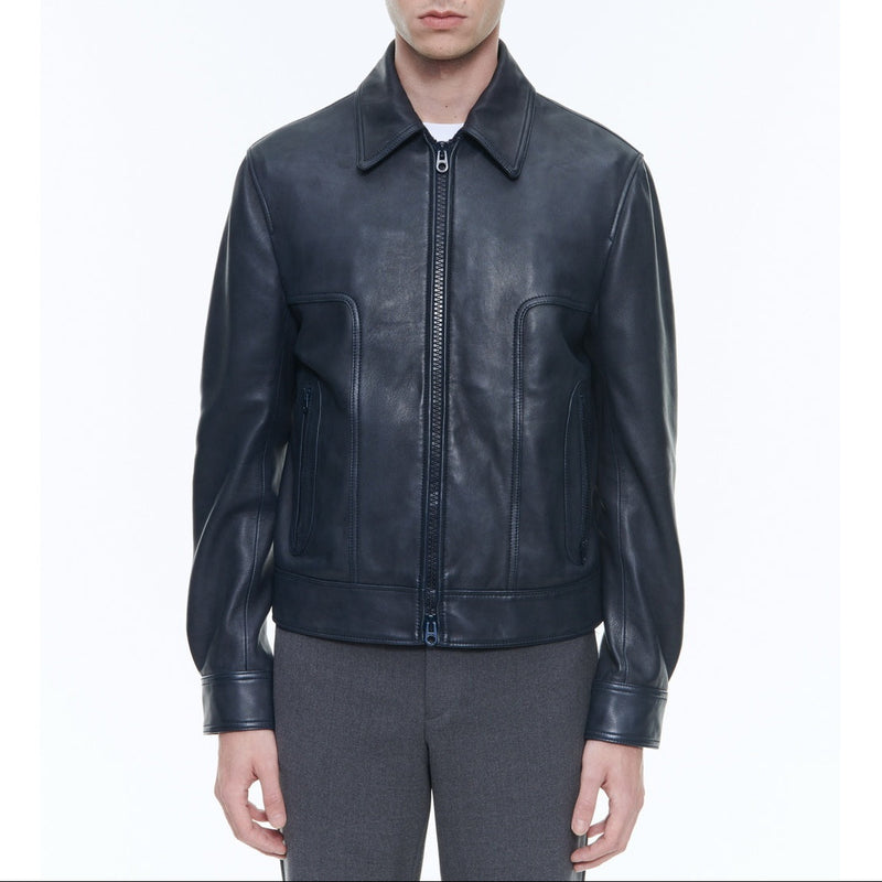 Blouson Cuir Zippé Agneau - Marine