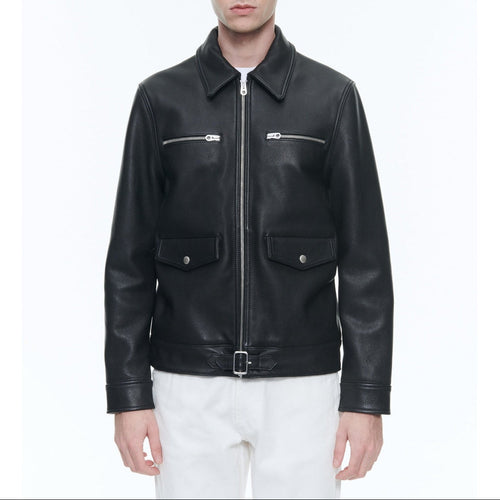 Chaqueta de piel de vacuno con cremallera - Negro