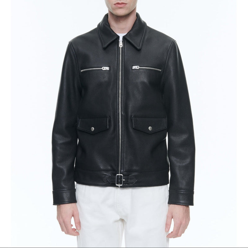 Chaqueta de piel de vacuno con cremallera - Negro
