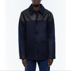 Fursac - Blouson Bi-Matière En Laine Et Cuir - Bleu
