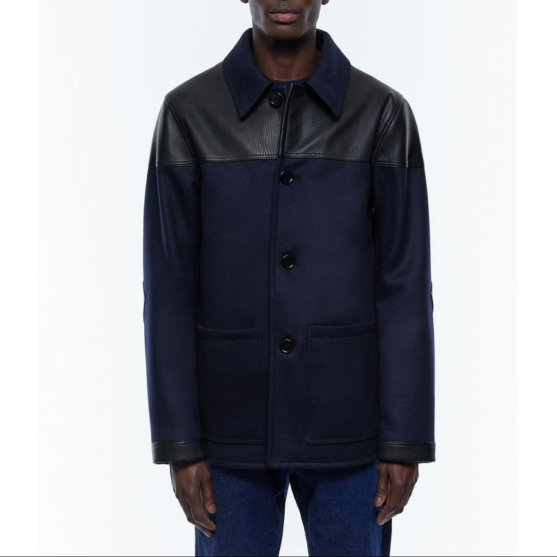Blouson Bi-Matière En Laine Et Cuir - Bleu