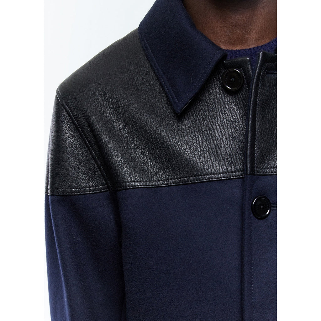 Fursac - Blouson Bi-Matière En Laine Et Cuir - Bleu