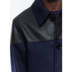 Fursac - Blouson Bi-Matière En Laine Et Cuir - Bleu