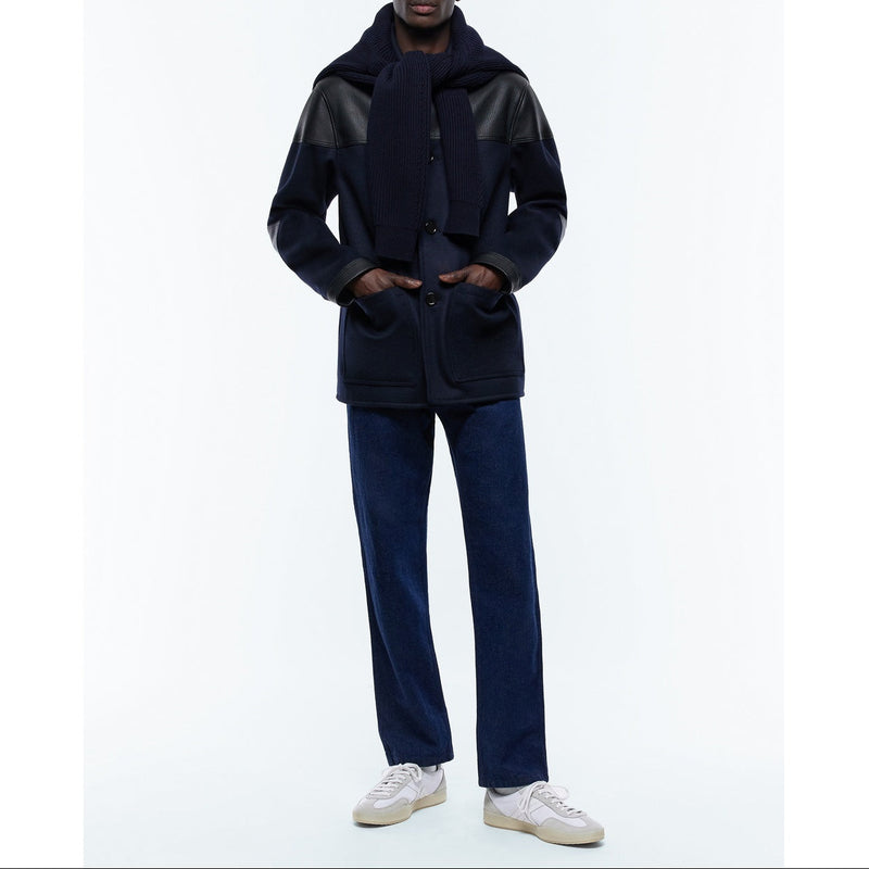 Blouson Bi-Matière En Laine Et Cuir - Bleu