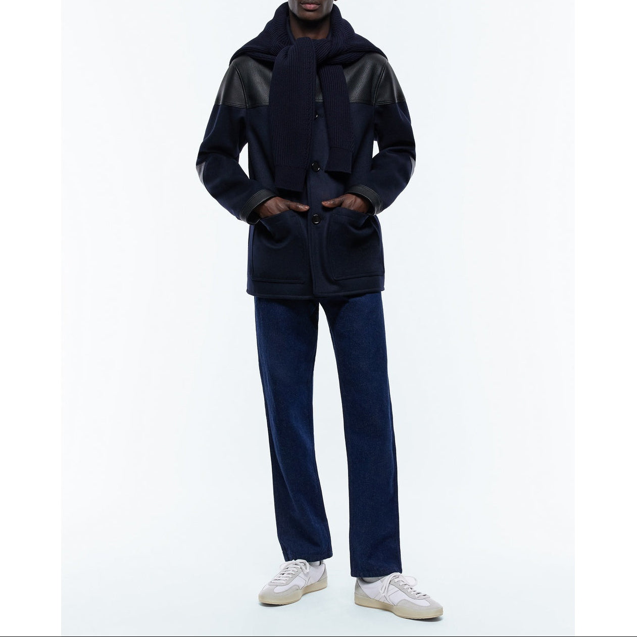 Fursac - Blouson Bi-Matière En Laine Et Cuir - Bleu