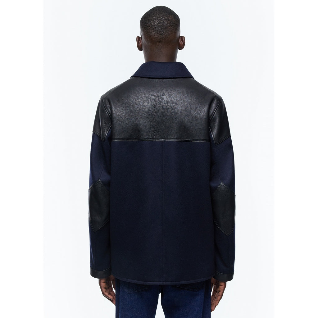 Blouson Bimatetiale In Lana E Pelle - Blu