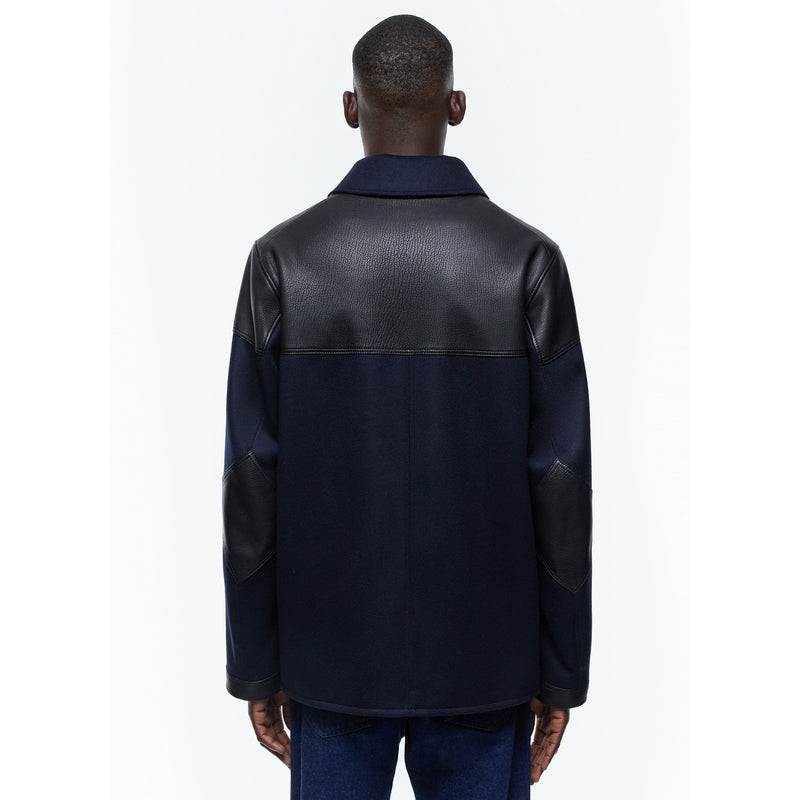 Blouson Bi-Matière En Laine Et Cuir - Bleu