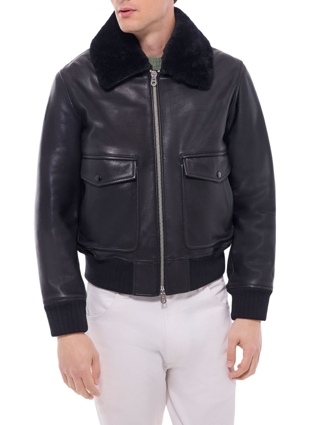 Blouson Bombardier En Cuir Col Mouton - Noir