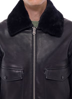 Blouson Bombardier En Cuir Col Mouton - Noir
