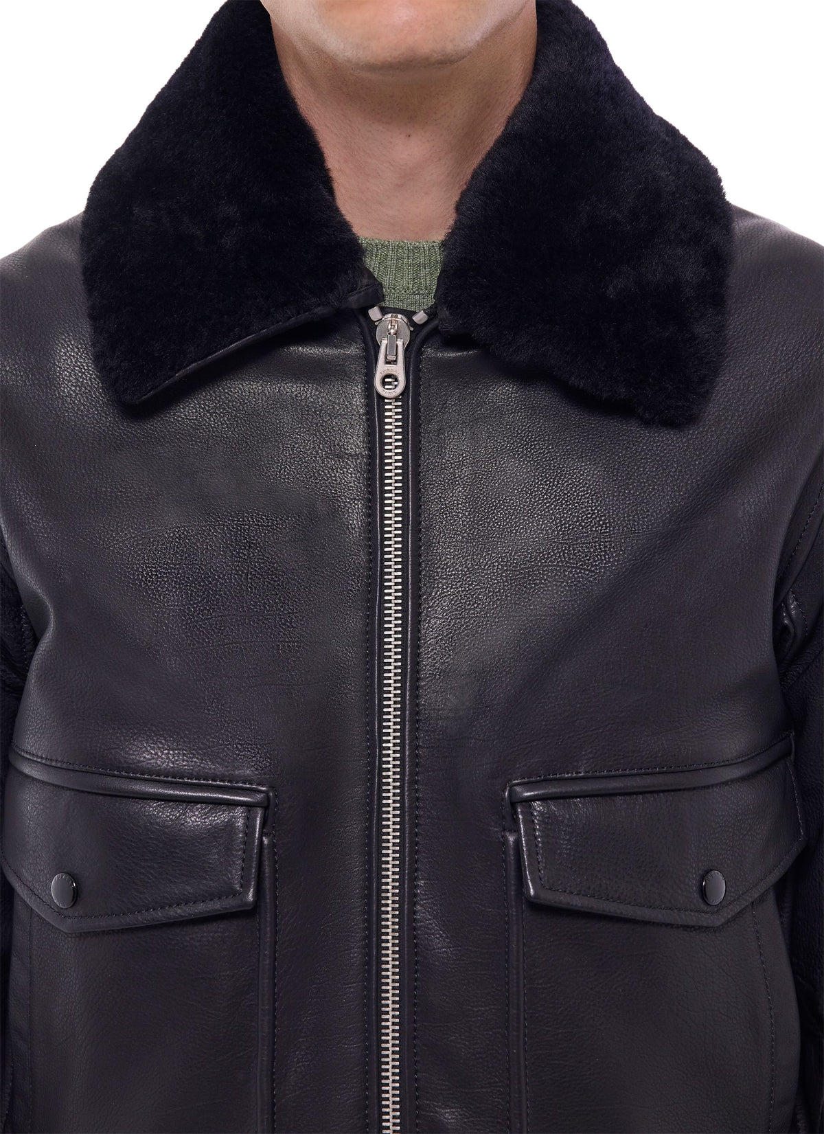 Blouson Bombardier En Cuir Col Mouton - Noir