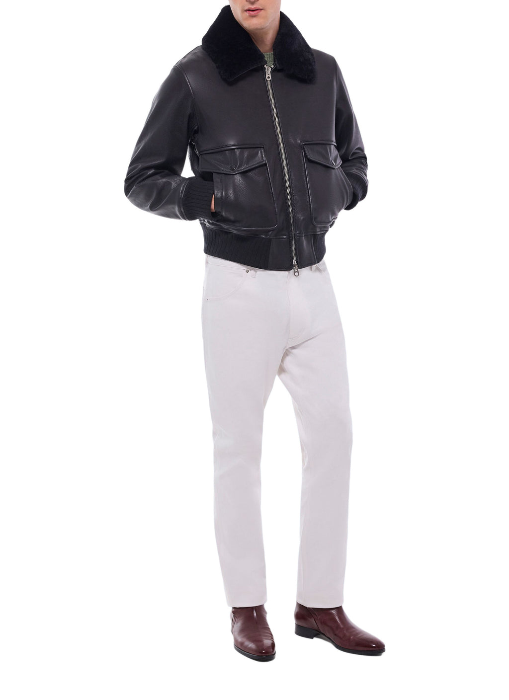 Blouson Bombardier En Cuir Col Mouton - Noir