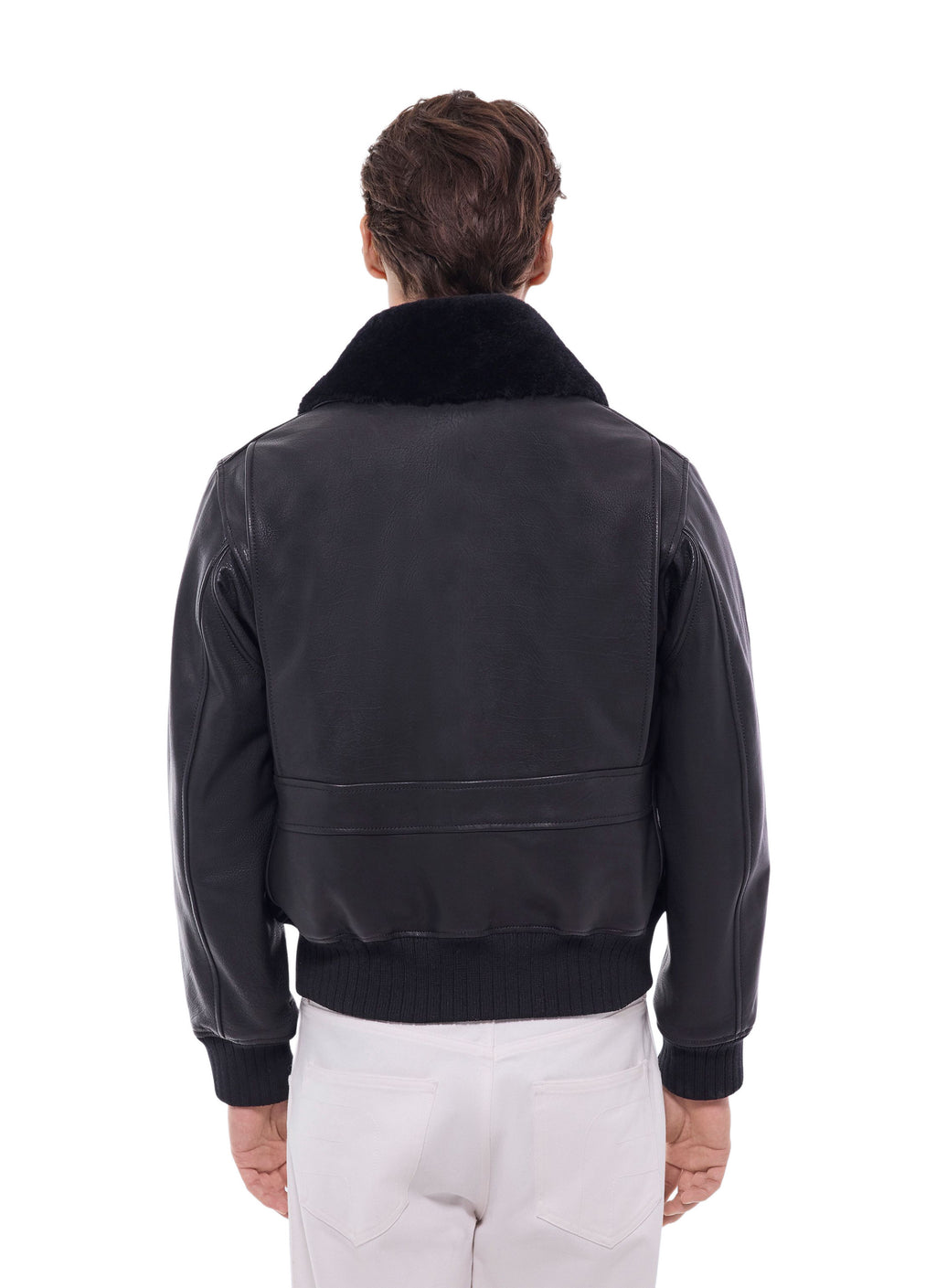 Blouson Bombardier En Cuir Col Mouton - Noir