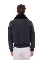 Blouson Bombardier En Cuir Col Mouton - Noir