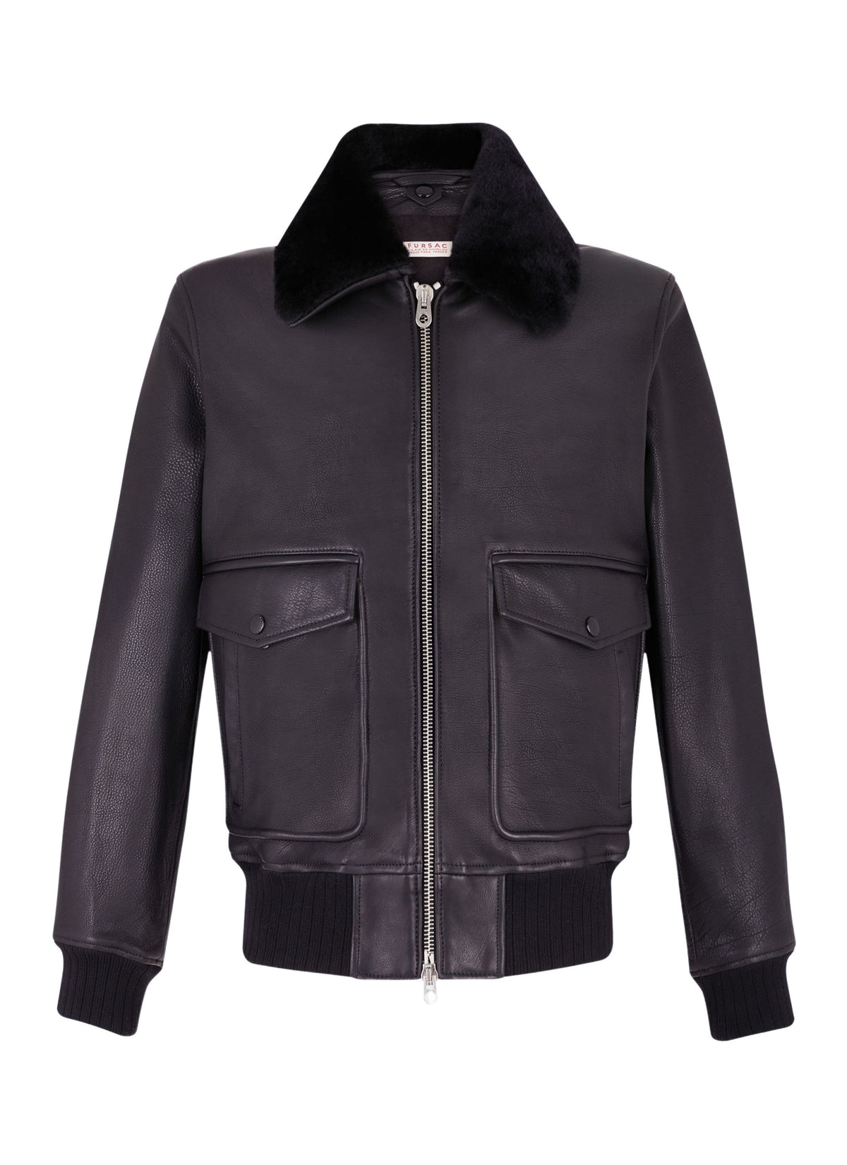 Blouson Bombardier En Cuir Col Mouton - Noir