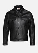 Fursac - Blouson Cuir Trucker Jacket Cuir Vachette Grainé - Noir