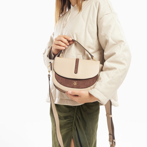 Beige and taupe half-moon handbag Woman with imitation leather shoulder strap Vanessa Wu