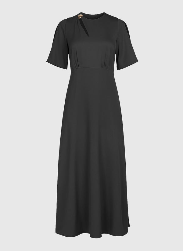 An'ge – Robe Longue Maelsa Carbone, koksgrå mellemlang kjole med korte ærmer og asymmetrisk halsudskæring