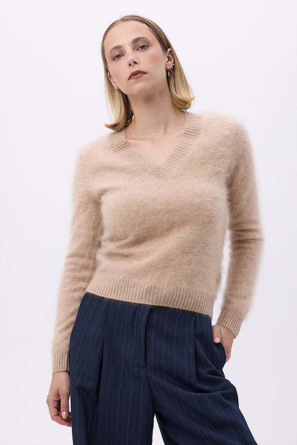 V-Neck – Geborsteld kasjmier Mael - Crèmebeige - Dames