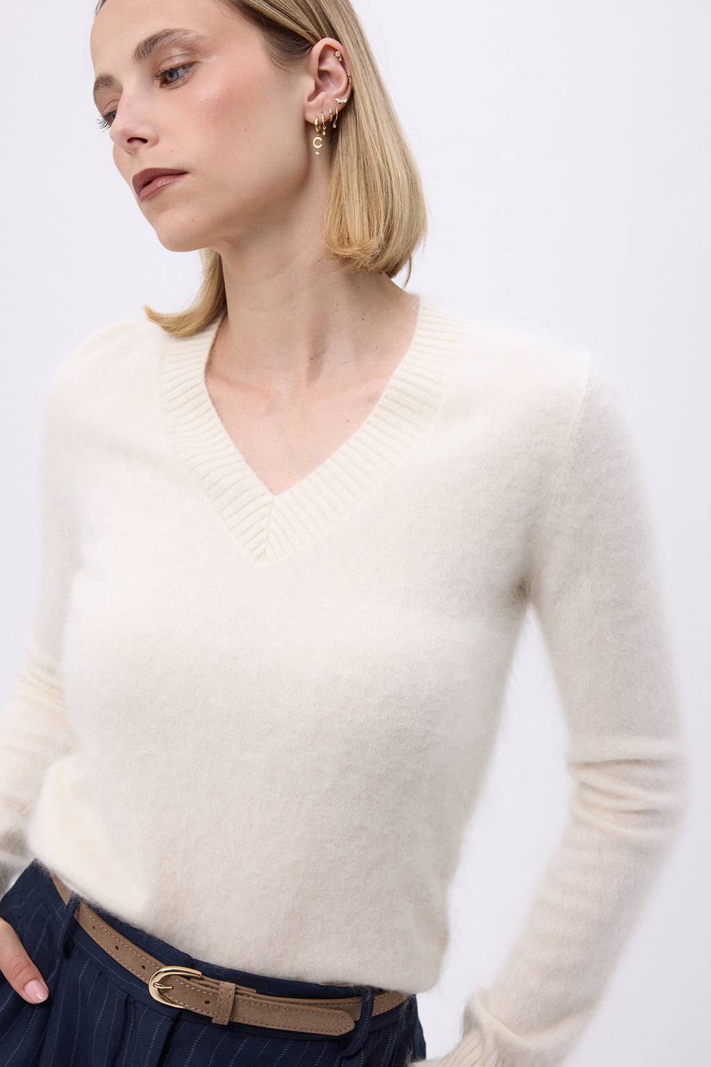 V-Neck – Brushed Cashmere Mael - Blanc - Femme