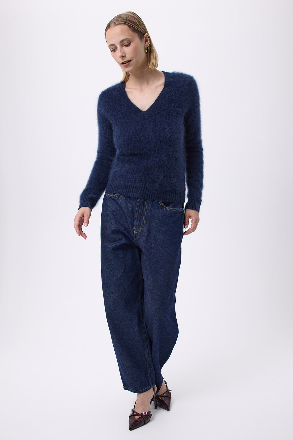 V-hals – Geborsteld kasjmier Mael - Marineblauw - Dames