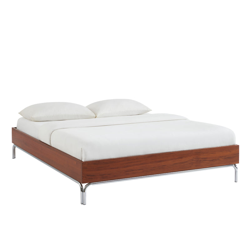 Lit Maggy - Placage Noyer Et Pieds Métal Chromé - Sommier Inclus