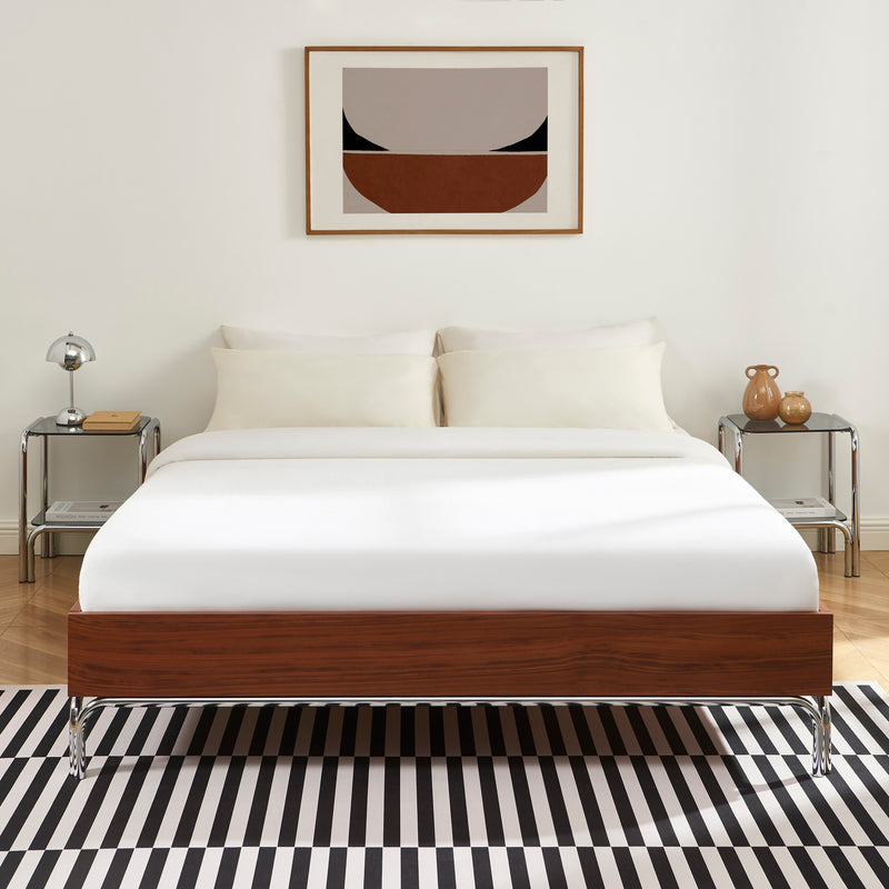 Lit Maggy - Placage Noyer Et Pieds Métal Chromé - Sommier Inclus