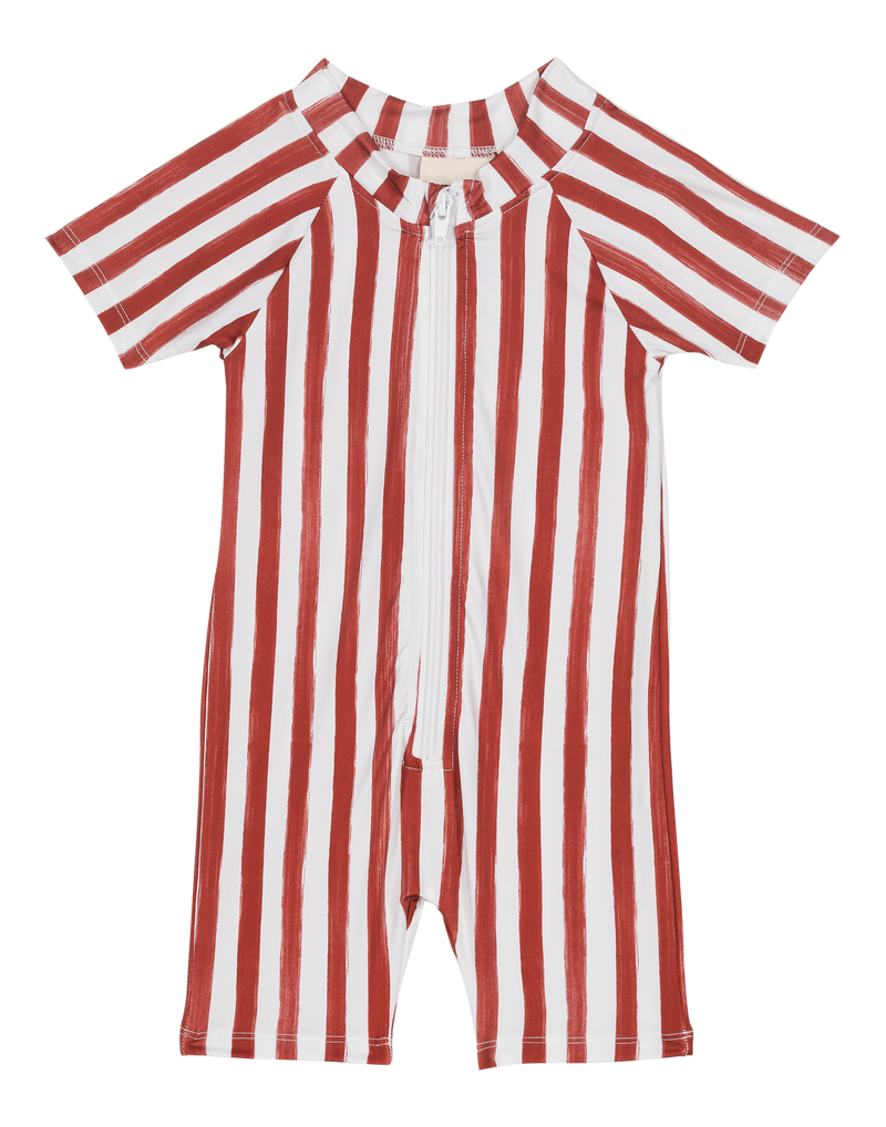 Mono corto anti-UV Lulu Ladrillo Rayas Rojas