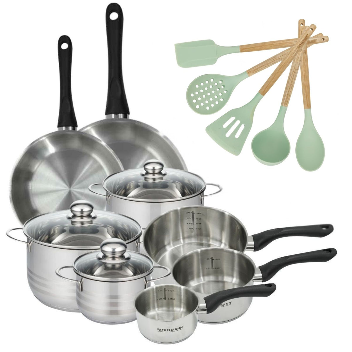 Cookware Set with 3 Stockpots, 3 Saucepans and 2 PFAS-free Frying Pans Fackelmann Geneva Brilliant Ocean - Stainless Steel/Black
