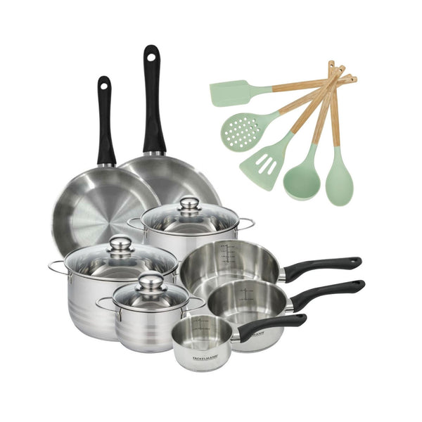 Batteria Da Cucina Con 3 Casseruole E 3 Pentole E 2 Padelle Senza Pfas Fackelmann Généva Brillant Ocean - Inox/Nero