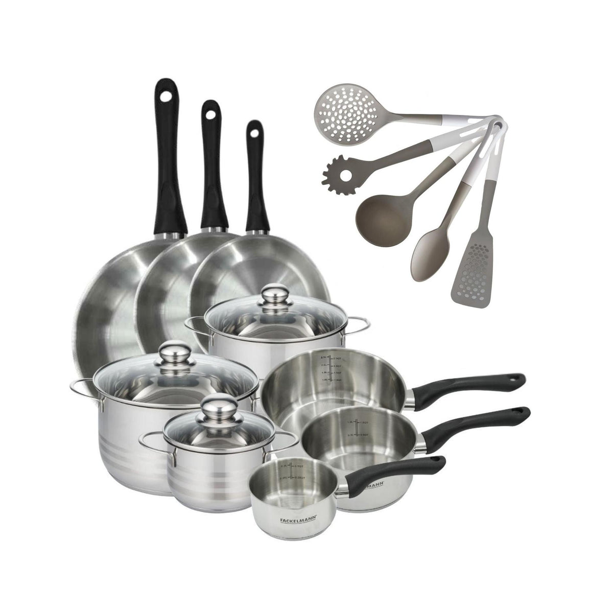 Batería De Cocina Con 3 Cazuelas Y 3 Cazos Y 5 Utensilios De Cocina Fackelmann Généva Brillant Vario - Acero Inoxidable/Negro