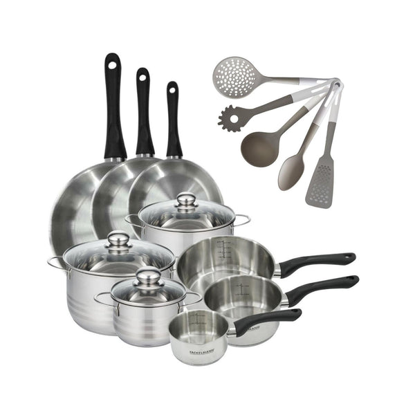 Batteria Da Cucina Con 3 Pentole E 3 Casseruole E 5 Utensili Da Cucina Fackelmann Généva Lucido Vario - Inox/Nero