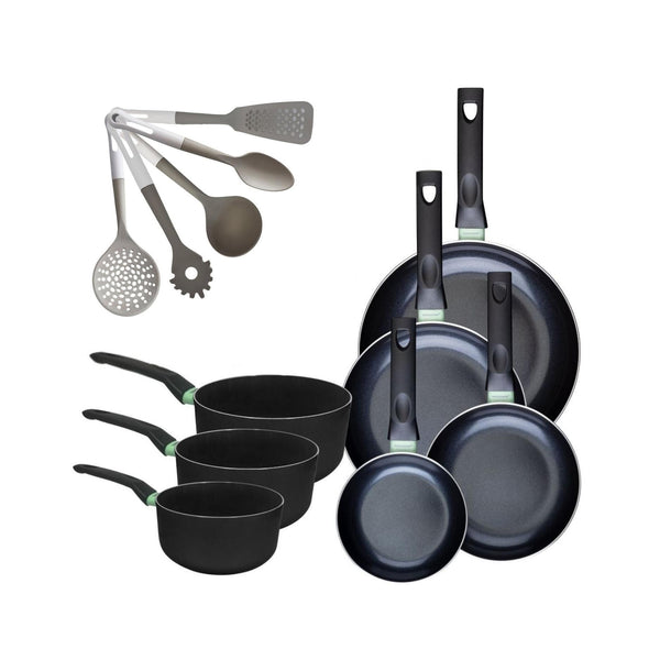 Batteria Da Cucina Con 4 Padelle E 3 Casseruole Con 5 Utensili Da Cucina Senza PFAS Fackelmann Brandao Vario - Nero/Verde