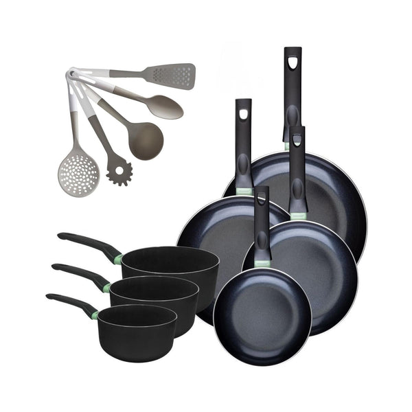 Set Di 4 Padelle E 3 Casseruole Fackelmann Brandao Con 5 Utensili Da Cucina - Nero/Verde