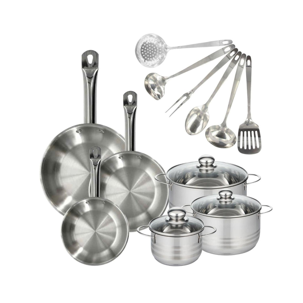 Batería De Cocina Con 3 Sartenes, 3 Cacerolas Y 6 Utensilios De Cocina Fackelmann Etherna Brillante Oxford - Inox