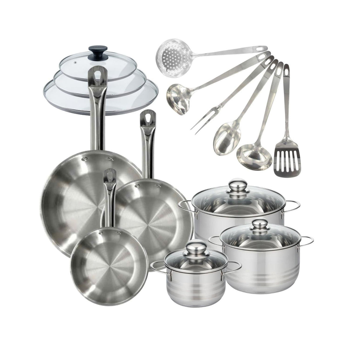 Batterie De Cuisine 3 Poêles Et Couvercles, 3 Faitouts Et 6 Ustensiles Fackelmann Eterna - Inox