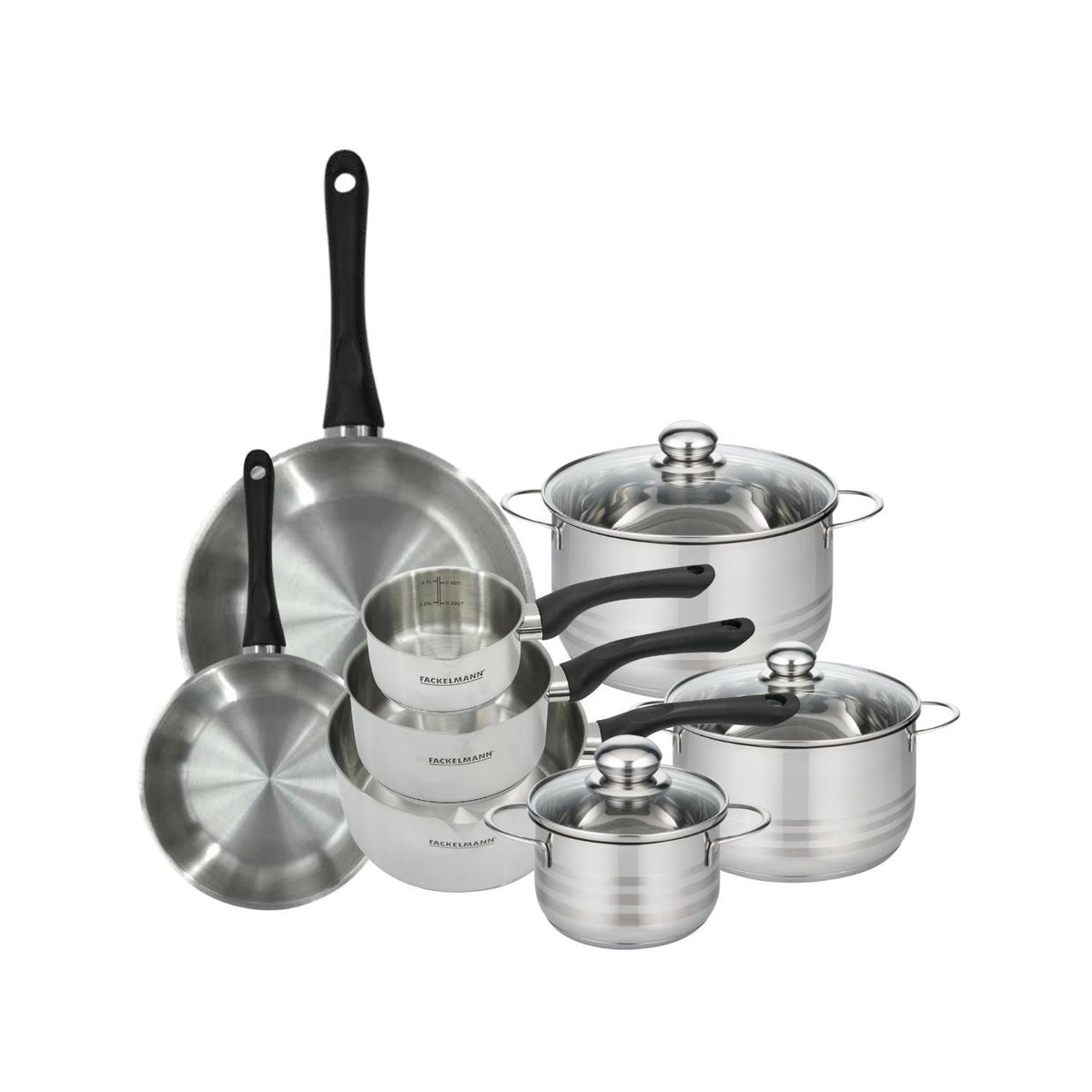 Batería De Cocina Con 2 Sartenes 3 Cazos Y 3 Cacerolas De Acero Inoxidable Sin Pfas Fackelmann Généva Brillant - Inox/Negro