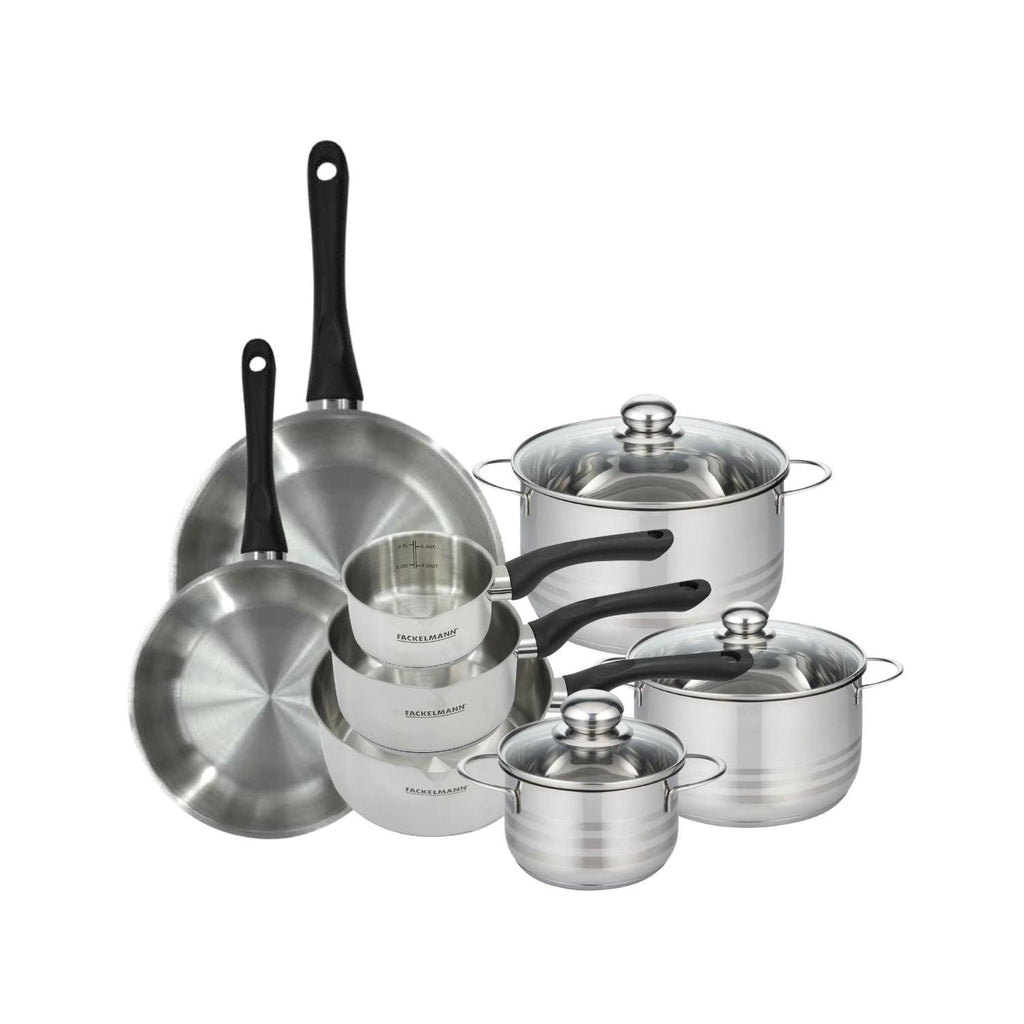 Batería De Cocina Con 2 Sartenes 3 Cazos Y 3 Cacerolas De Acero Inoxidable Sin Pfas Fackelmann Généva Brillant - Inox/Negro