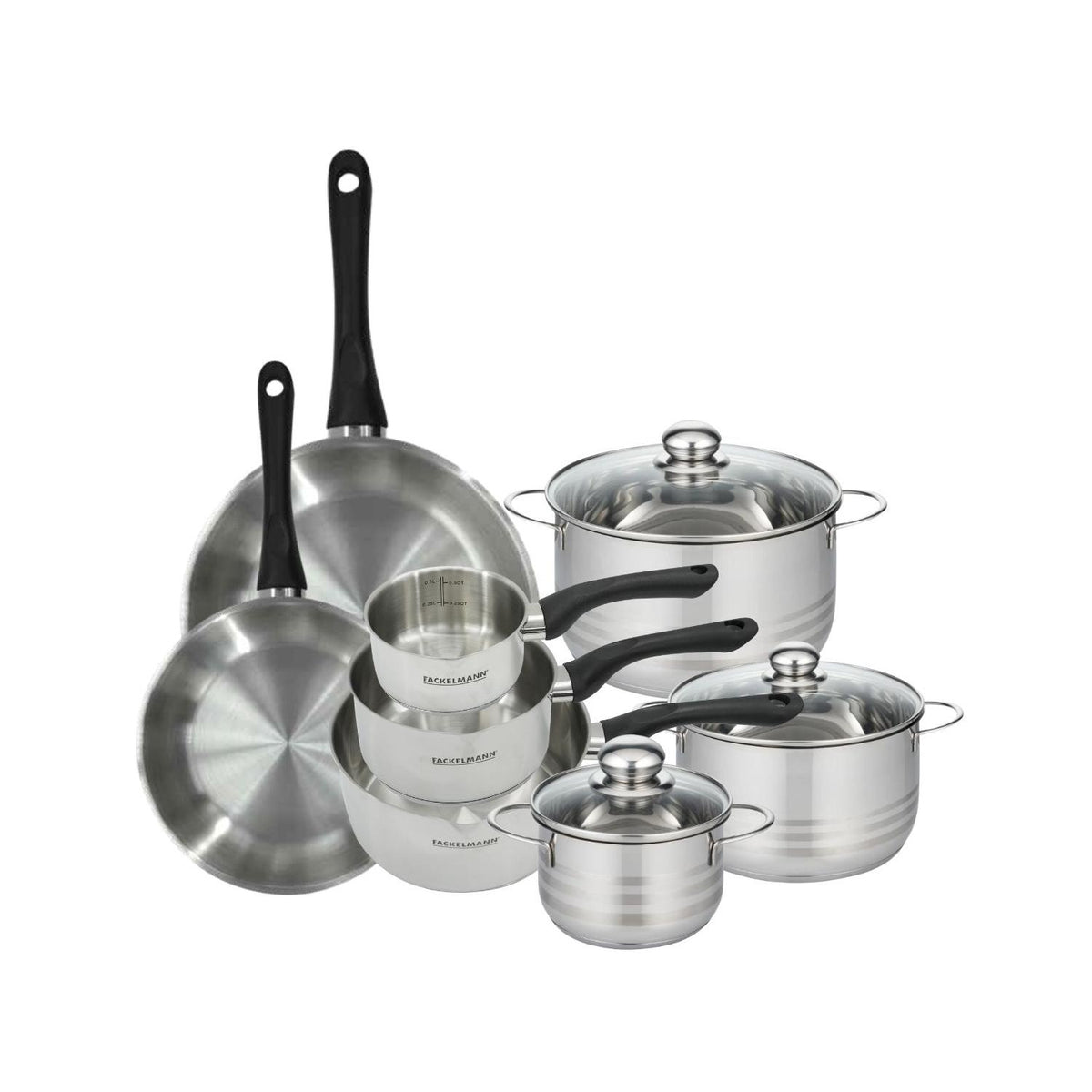 Batería De Cocina Con 2 Sartenes 3 Cazos Y 3 Cacerolas De Acero Inoxidable Sin Pfas Fackelmann Généva Brillant - Inox/Negro
