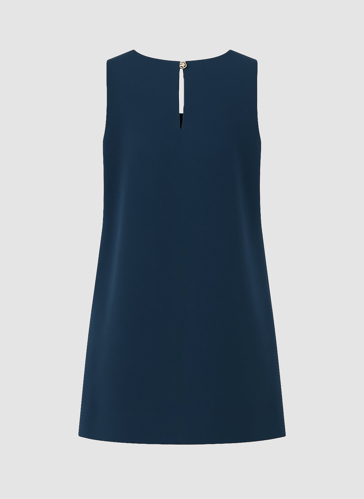 An'ge – Robe Courte Maleo Marine, haut sans manches bleu marine, vue de dos, avec un bouton doré