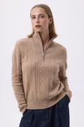 Kabeltrui met Grote Opstaande Kraag en Rits F Malka - Beige Crème - Dames